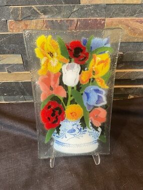 Peggy Karr Colorful Floral Fused Glass Plate/Tray
